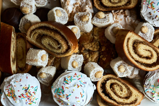 istock Traditional Russian Easter cakes kulich, with colored eggs, close-up 1145883882