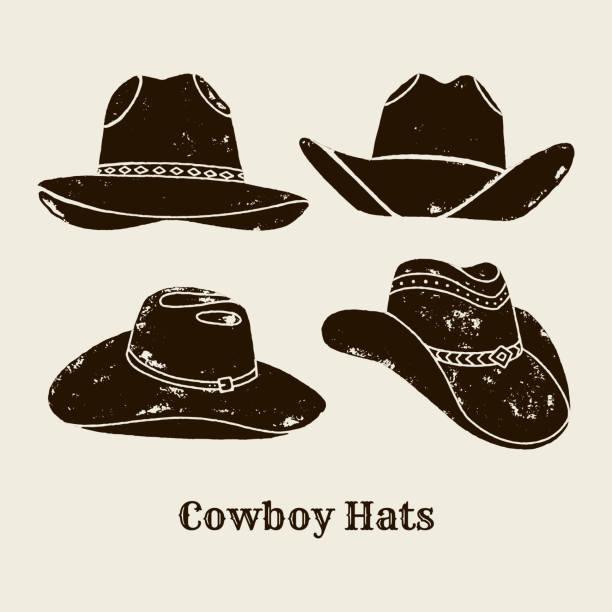 Vector Set of Different Cowboy Hats silhouette Vector illustration of cowboy hat. Hat silhouette in vintage style , grunge effect in separate layers. Elements of the wild West for the design of posters, postcards, lettering, prints for t-shirts. Western USA label about wild west. officer boots stock illustrations