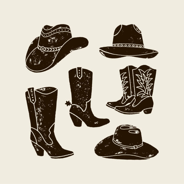 векторный набор различных ковбойские шляпы и сапоги силуэт - сапог stock illustrations