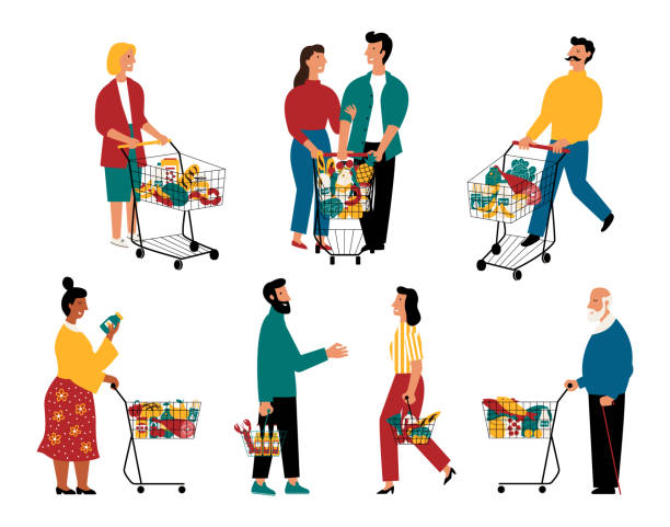süpermarket müşterileri, karikatür karakterleri. bakkal dükkanında alışveriş arabaları olan erkekler ve kadınlar. vektör düz illustration. - grocery shopping stock illustrations
