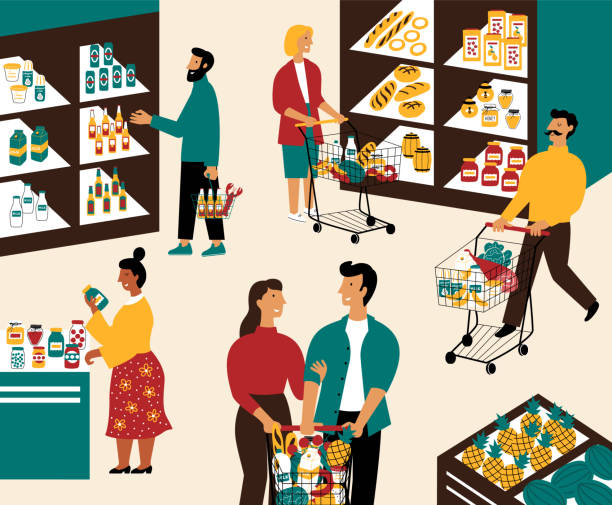 Men and women buying products at grocery store. People with shopping carts at  supermarket. Customers in retail shop. Flat cartoon vector illustration. Men and women buying products at grocery store. Happy people with shopping carts purchasing food at supermarket. Customers in retail shop. Flat cartoon vector illustration. supermarket aisles vector stock illustrations