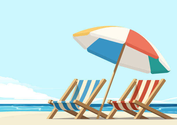 비치 - outdoor chair beach chair umbrella stock illustrations