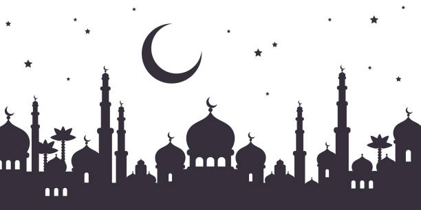 아라비 안 시티 블랙 실루엣 - islam mosque moon crescent stock illustrations