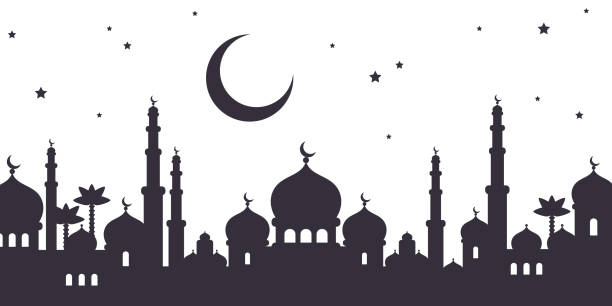 Arabian city black silhouette View of Arabian city black silhouette with mosque and moon isolated on white background. Night starry sky. Vector illustration. cityscape borders stock illustrations