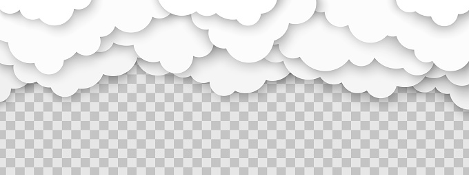 Clouds 3d vector illustration. Horizontal papercut cloudscape on transparent background.