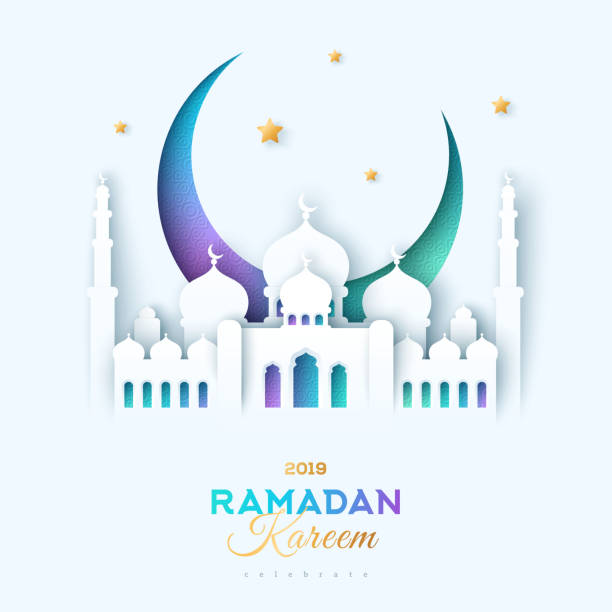 Paper cut mosque and moon Ramadan Kareem greeting card with paper cut sultan mosque and crescent on white background. Vector illustration. sultan stock illustrations