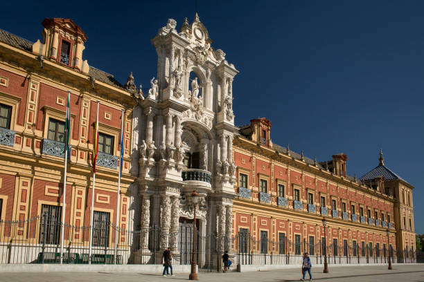Panoramic and view of the baroque San Telmo Palace, Andalusian Government Headquarters, at Roma walk, Seville