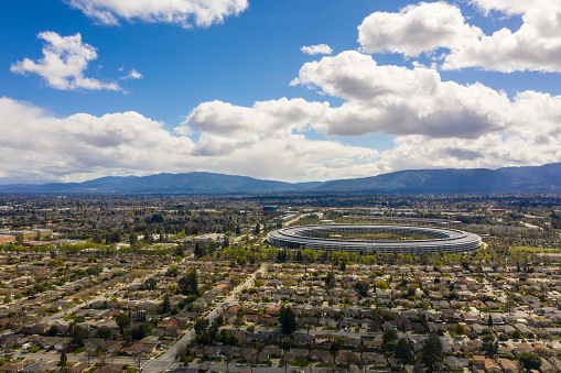 Cupertino, CA, USA - March 8, 2019: Aerial photo Apple Park spaceship Cupertino CA