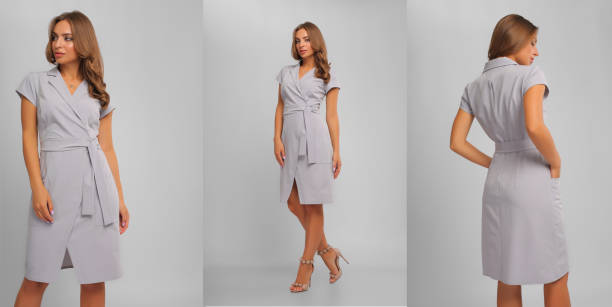 woman in wrap dress collage of all sides portrait of young woman wearing kneelength grey dress with the wrap, with belt on waist isolated on white background wrap dress stock pictures, royalty-free photos & images