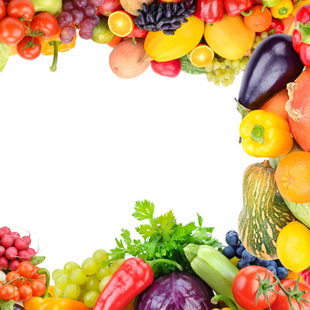 istock Frame of set vegetables and fruits on white background. 1145896855