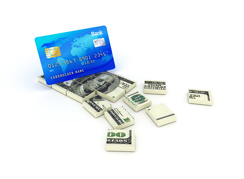 Credit Card with Dollar Bill Blocks - White Background - 3D Rendering