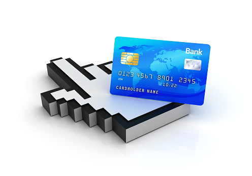 Credit Card with Computer Hand Cursor - White Background - 3D Rendering
