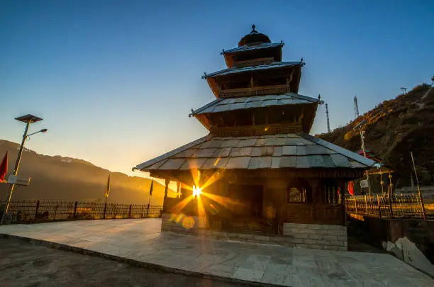 Kullu, Himachal Pradesh, India - December 07, 2018 : Sunset at manu rishi temple in himachal - india