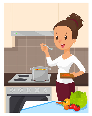 Ilustración de Una Mujer Guapa Cocinando Sopa En La Cocina Ilustración  Vectorial De Dibujos Animados y más Vectores Libres de Derechos de Cocinar  - iStock
