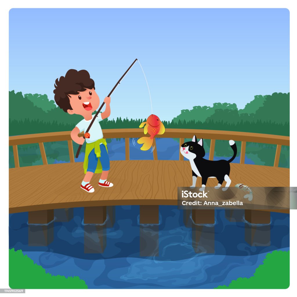 Cậu Bé Và Một Con Mèo Câu Cá Và Bắt Một Con Cá Phim Hoạt Hình Minh ...