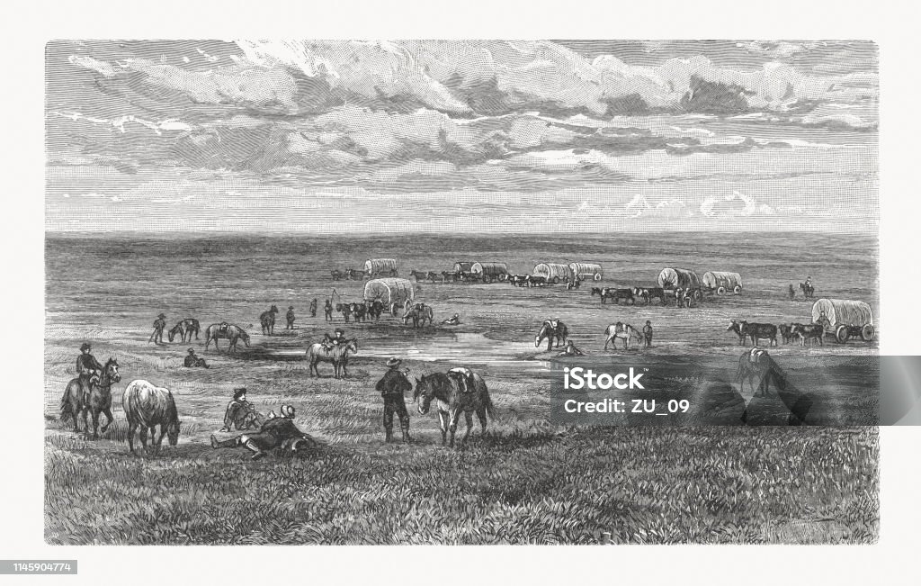 North American prairie with settler camp, wood engraving, published 1897 North American prairie with settler camp. Wood engraving after a photograph, published in 1897. Explorer stock illustration