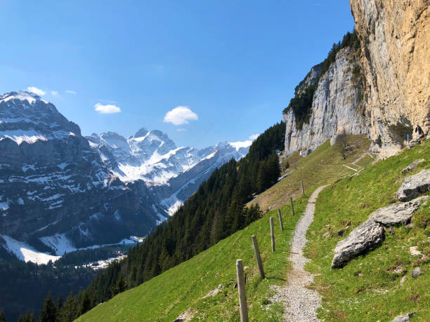 äscher cliff o äscher-felsen (aescher-felsen o ascher-felsen) en la cordillera de alpstein y en la región de appenzellerland - ascher fotografías e imágenes de stock