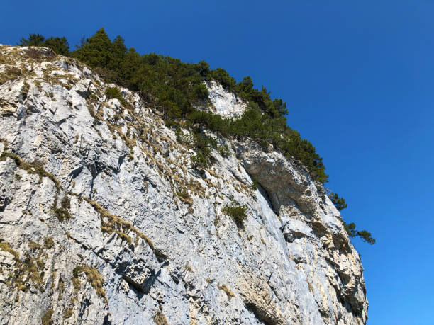 äscher cliff o äscher-felsen (aescher-felsen o ascher-felsen) en la cordillera de alpstein y en la región de appenzellerland - ascher fotografías e imágenes de stock