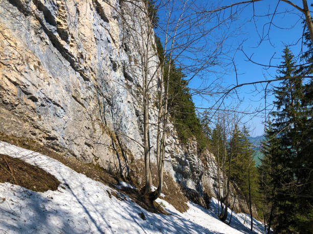 äscher cliff o äscher-felsen (aescher-felsen o ascher-felsen) en la cordillera de alpstein y en la región de appenzellerland - ascher fotografías e imágenes de stock