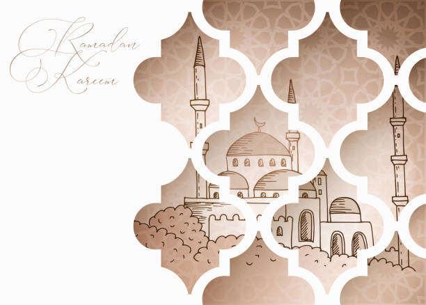 istock Greeting card, invitation for Muslim holiday Ramadan Kareem. Hand drawn mosque through ornamental arab window. Line art design.Vector illustration background, decorative pattern. 1145908949