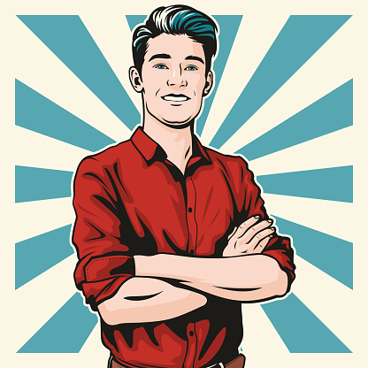 Pop art illustration of a handsome young man standing with his arms folded.