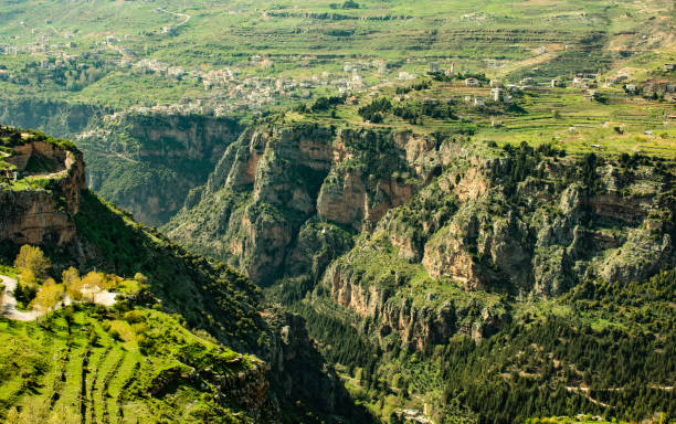 vista aerea della valle di kadisha - bcharre foto e immagini stock