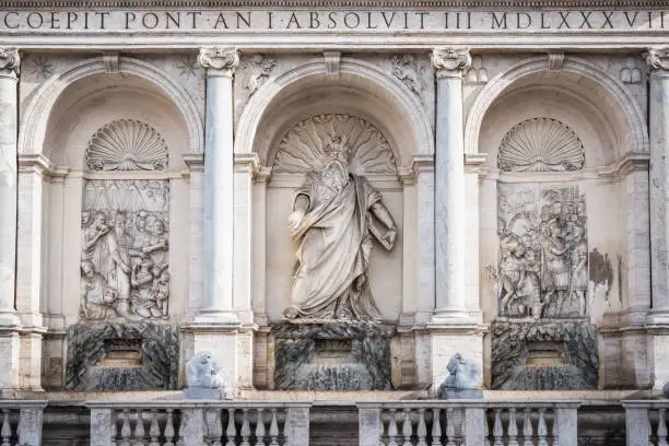 Roman public fountain called Fontana dell'Acqua Felice in the heart of the city of Rome Italy