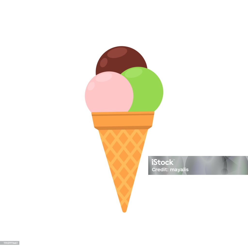 Ice cream in the cone Multicolored ice cream balls in waffle cone. Vector flat illustration isolated on white background Ice Cream Cone stock vector