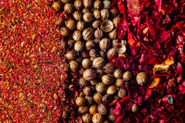 Various colourful spices close up macro background