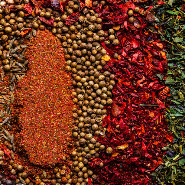Various colourful spices close up macro background