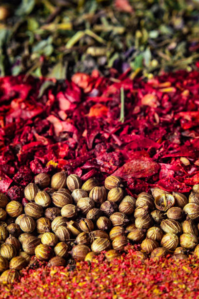 Various colourful spices close up macro background