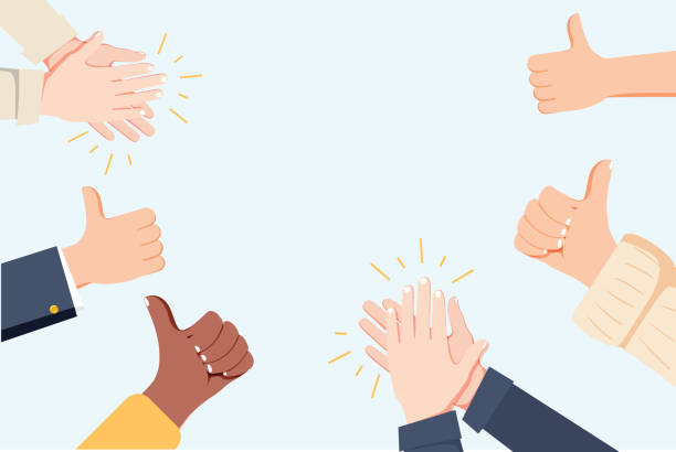 Human hands clapping. Applaud hands. Vector illustration in flat style. Many Hands clapping ovation and thumps up Human hands clapping. Applaud hands. Vector illustration in flat style. Many Hands clapping ovation and thumps up, applaud hands. Flat cartoon business success illustration. Social media marketing first place illustrations stock illustrations