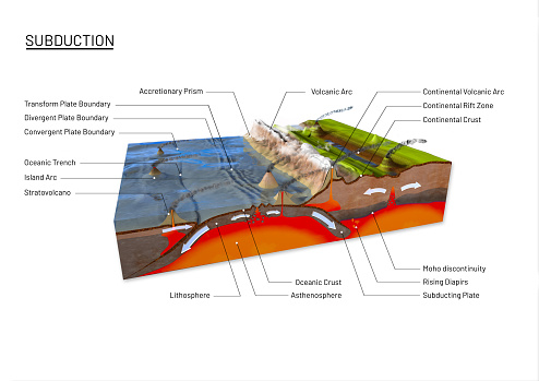 Scientific ground cross-section to explain subduction and plate tectonics with labels - 3d illustration
