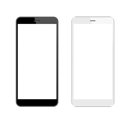 White and Black Smartphone with Blank Screen. Mobile Phone Template. Copy Space