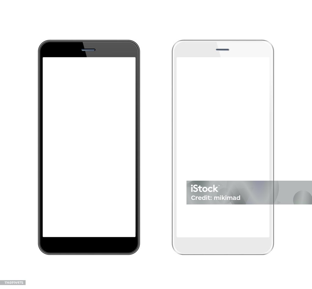 白色和黑色智慧手機與空白螢幕。行動電話範本。複製空間 - 免版稅智能手機圖庫照片