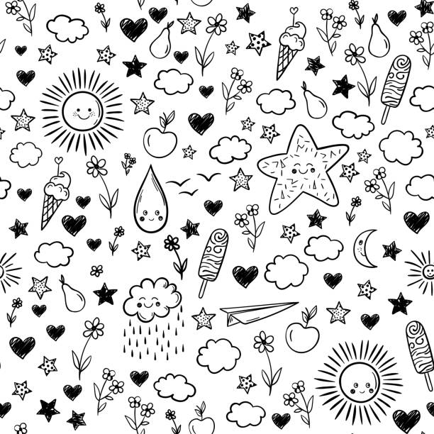 Seamless pattern with cloud, ice-cream, flowers, sun, star. Vector cartoon kids background. Doodle drawing. Seamless pattern with cloud, ice-cream, flowers, sun, star. Vector cartoon kids background. Doodle drawing. doodle stock illustrations