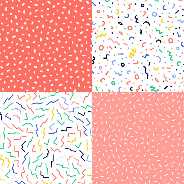 ilustrações, clipart, desenhos animados e ícones de jogo sem emenda abstrato colorido desenhado mão do teste padrão do confetti. fundo do sumário do festival da forma da arte pop. cor vermelha coral - 2527