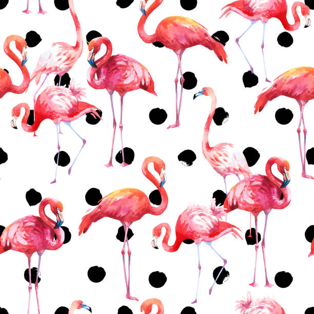 istock Watercolor seamless pattern on white background. Illustration with pink flamingo and tropical plants. Paradise bird. 1145916674