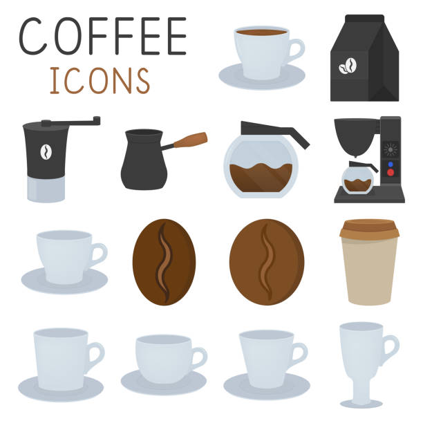 kaffee-ikonen in flachem stil, kaffeemühle, tassen, etc. vektorabbildung - kaffeekanne stock-grafiken, -clipart, -cartoons und -symbole