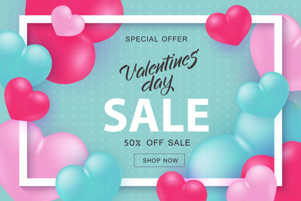 valentinstag verkauf und spezielle angebot banner mit schild in weißem rahmen mit herzen. - number vibrant color transparent blue stock-grafiken, -clipart, -cartoons und -symbole