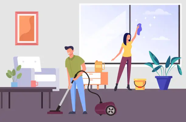 Vector illustration of Two people man and woman characters cleaning living room apartment together. House work concept. Vector flat graphic design cartoon illustration