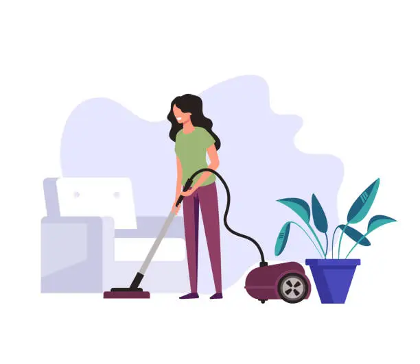 Vector illustration of Woman housekeeper housewife cleaning company worker clean vacuuming wash floor in house living room. Cleaning service concept. Vector flat graphic design cartoon illustration