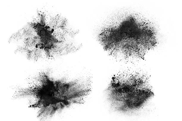 Abstract design of set dark powder explosion Abstract design of set dark powder particles explosion isolated over white background ash stock pictures, royalty-free photos & images