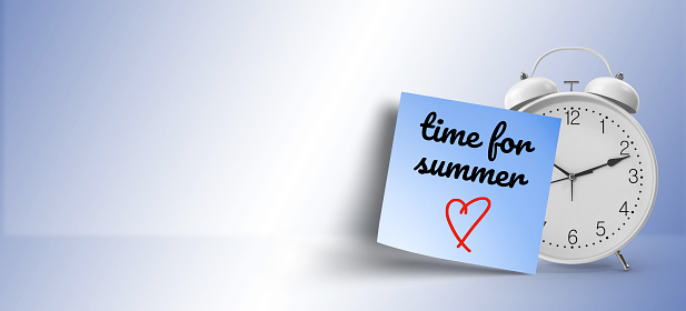 handwrited time for summer message on blue sticky note paper attached on white alarm clock with large copy space