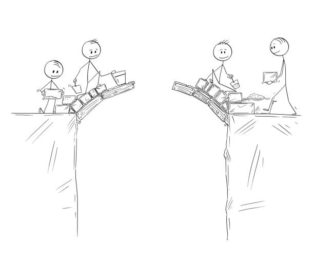 Cartoon of Two Groups of Men or Businessmen Cooperate and Building Together Bridge to Connect with Other Side Cartoon stick figure drawing conceptual illustration of two groups of men or businessmen building bridge together to connect with other side. business concept of cooperation. political joke stock illustrations