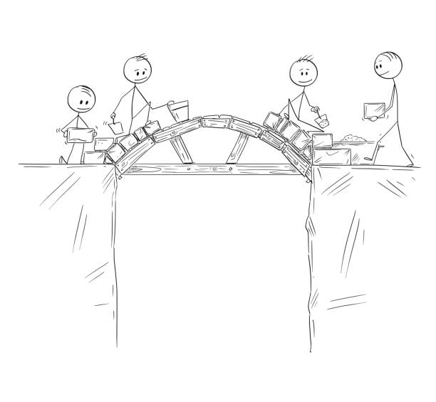 illustrations, cliparts, dessins animés et icônes de dessin animé du groupe des ouvriers, des constructeurs ou des hommes d’affaires construisant un pont au-dessus du gouffre ou du précipice - bridge stone bridge vector arch bridge