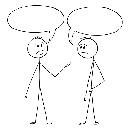 Cartoon stick figure drawing conceptual illustration of two men or businessmen talking with empty or blank text or speech bubbles or balloons above.
