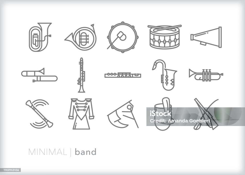 School marching band line icons for musicians, drum majors and color guard members Set of 15 marching band line icons of musical instruments including tuba, french horn, base drum, snare drum, trumpet, trombone, clarinet, flute, saxophone, baton, megaphone, saber, rifle and color guard flag Icon Symbol stock vector