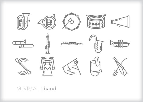 School marching band line icons for musicians, drum majors and color guard members Set of 15 marching band line icons of musical instruments including tuba, french horn, base drum, snare drum, trumpet, trombone, clarinet, flute, saxophone, baton, megaphone, saber, rifle and color guard flag drum line stock illustrations