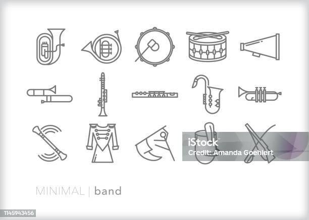 School Marching Band Line Icons For Musicians Drum Majors And Color Guard Members Stock Illustration - Download Image Now